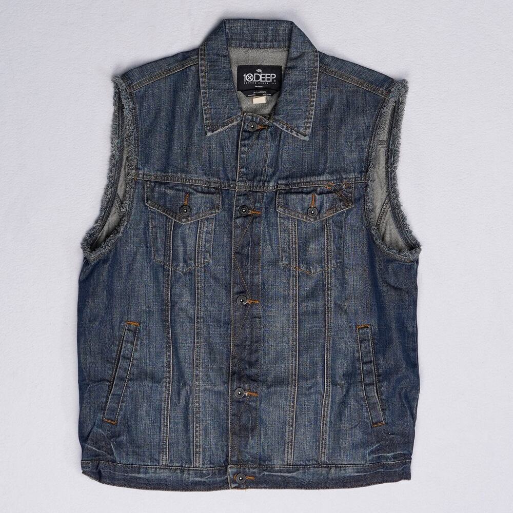 10.Deep Mens Denim Trucker Vest XL Blue Sleeveless Cut Off Streetwear NWOT